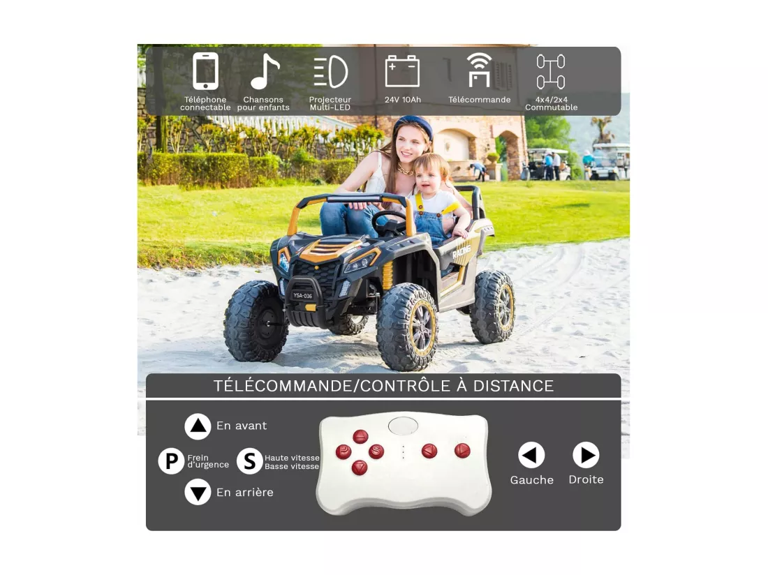 Voiture électrique 24 V pour enfants, camion à quatre roues motrices avec télécommande, camionnette à 6 roues pour enfants avec ceinture de sécurité, espace de rangement, Bluetooth, son d'avertissement de marche arrière (noir foncé)