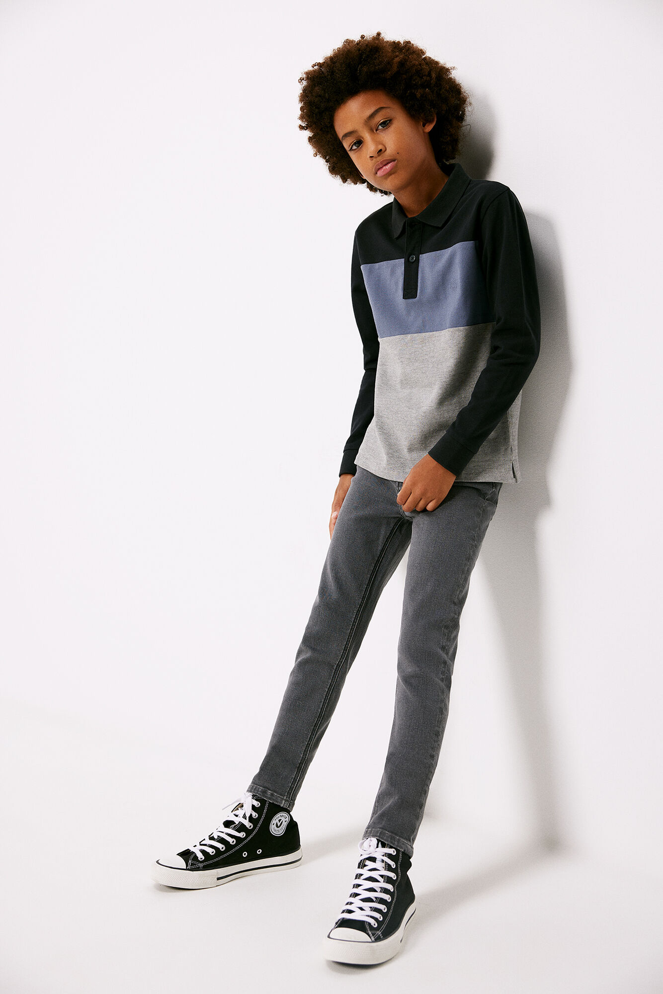 Camisa polo de manga comprida com blocos de cores para meninos