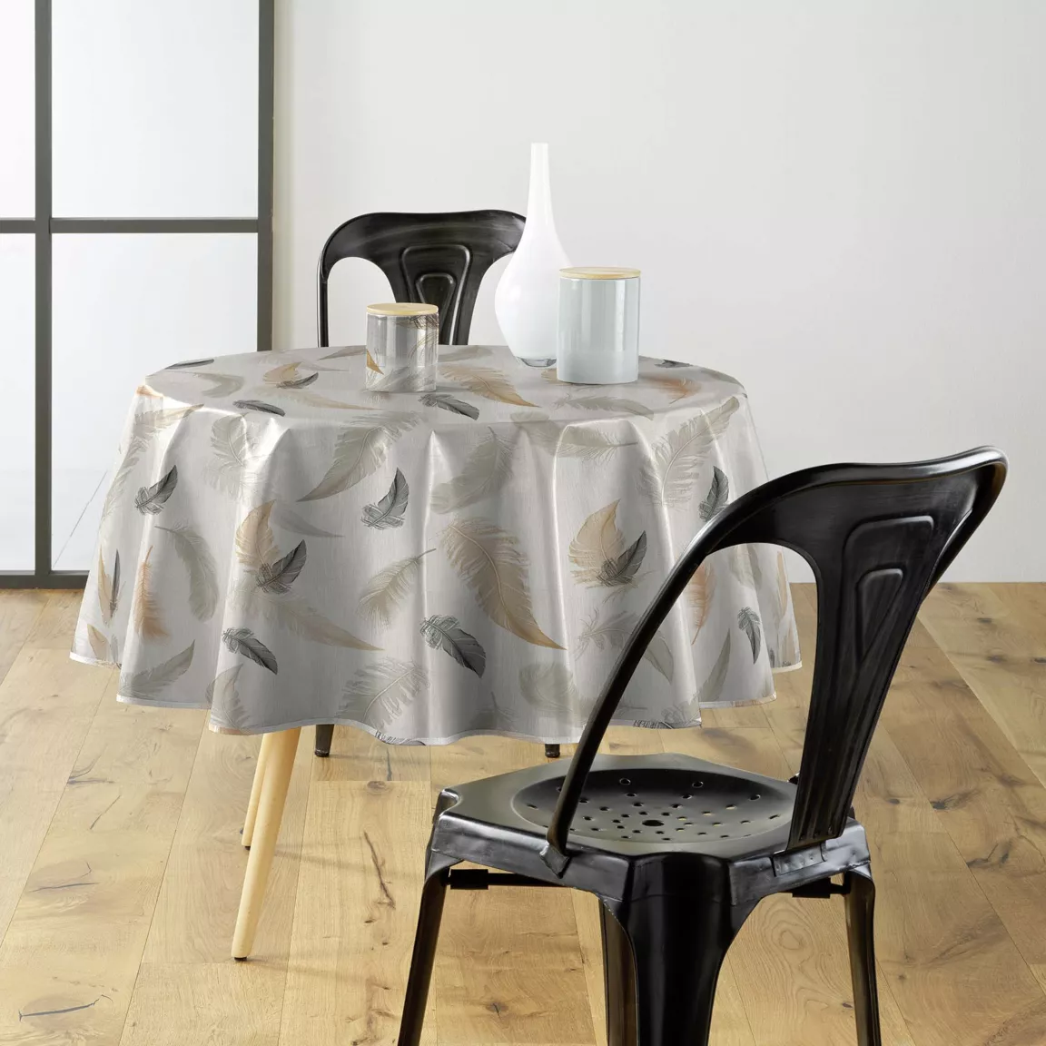 Nappe ronde anti tache tissu PVC imperméable (D160 cm) Folea Taupe