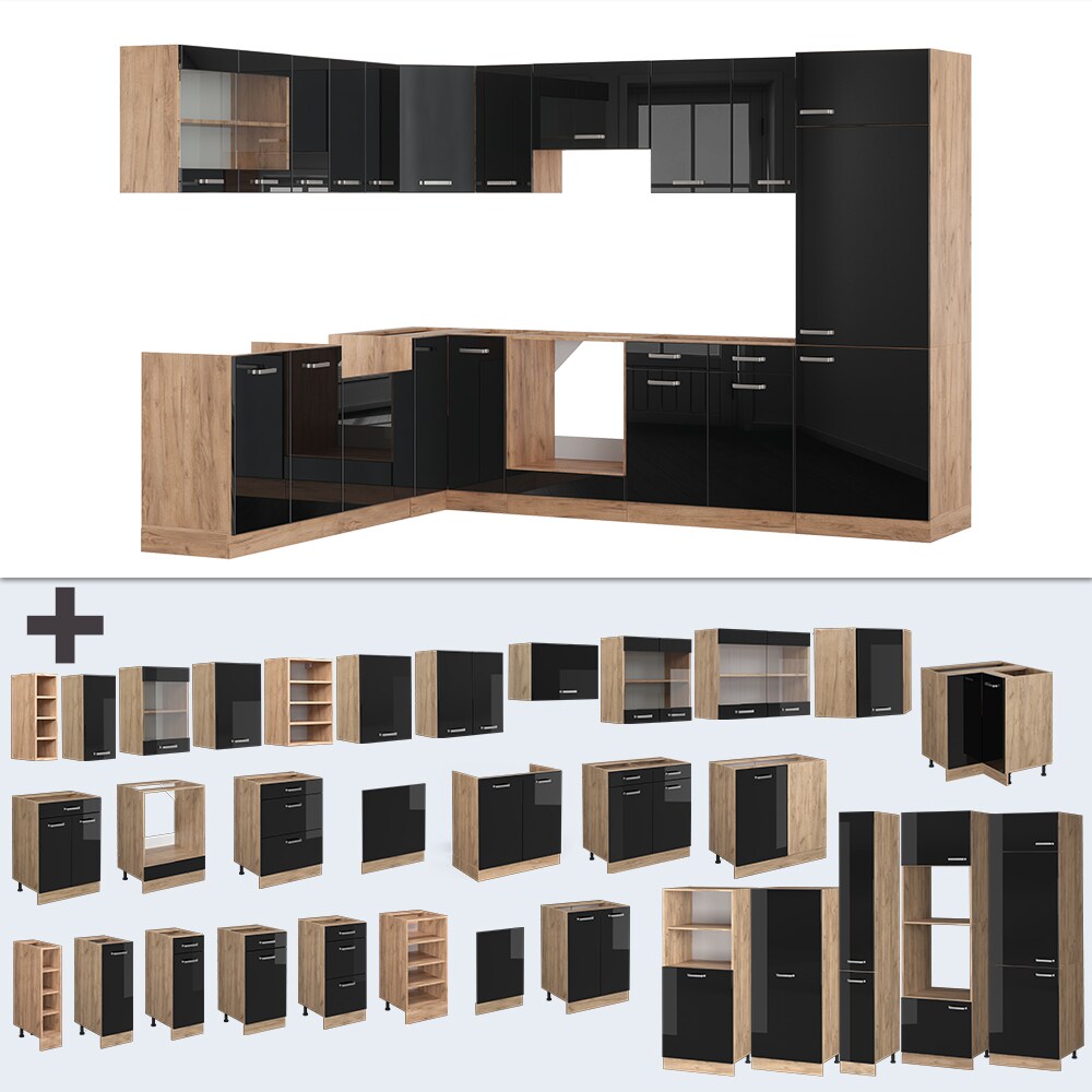 Vicco Eckküche R-Line Solid Eiche Schwarz 287x227 cm modern Küchenschränke Küchenmöbel