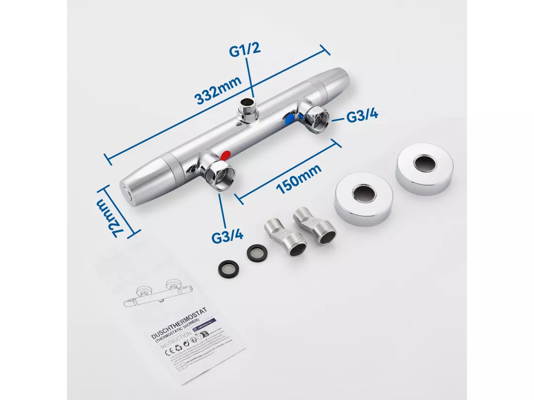 Auralum Max Mitigeur de Douche Thermostatique à Fixation Murale Anti-brûlure, Robinet d'Eau Chaude/Froide,Température Constante de 38°,Chromé