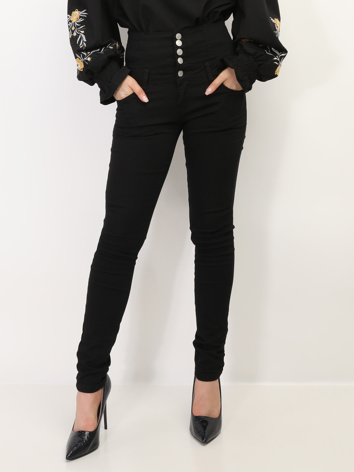 Jeans skinny taille haute à boutons- Noir