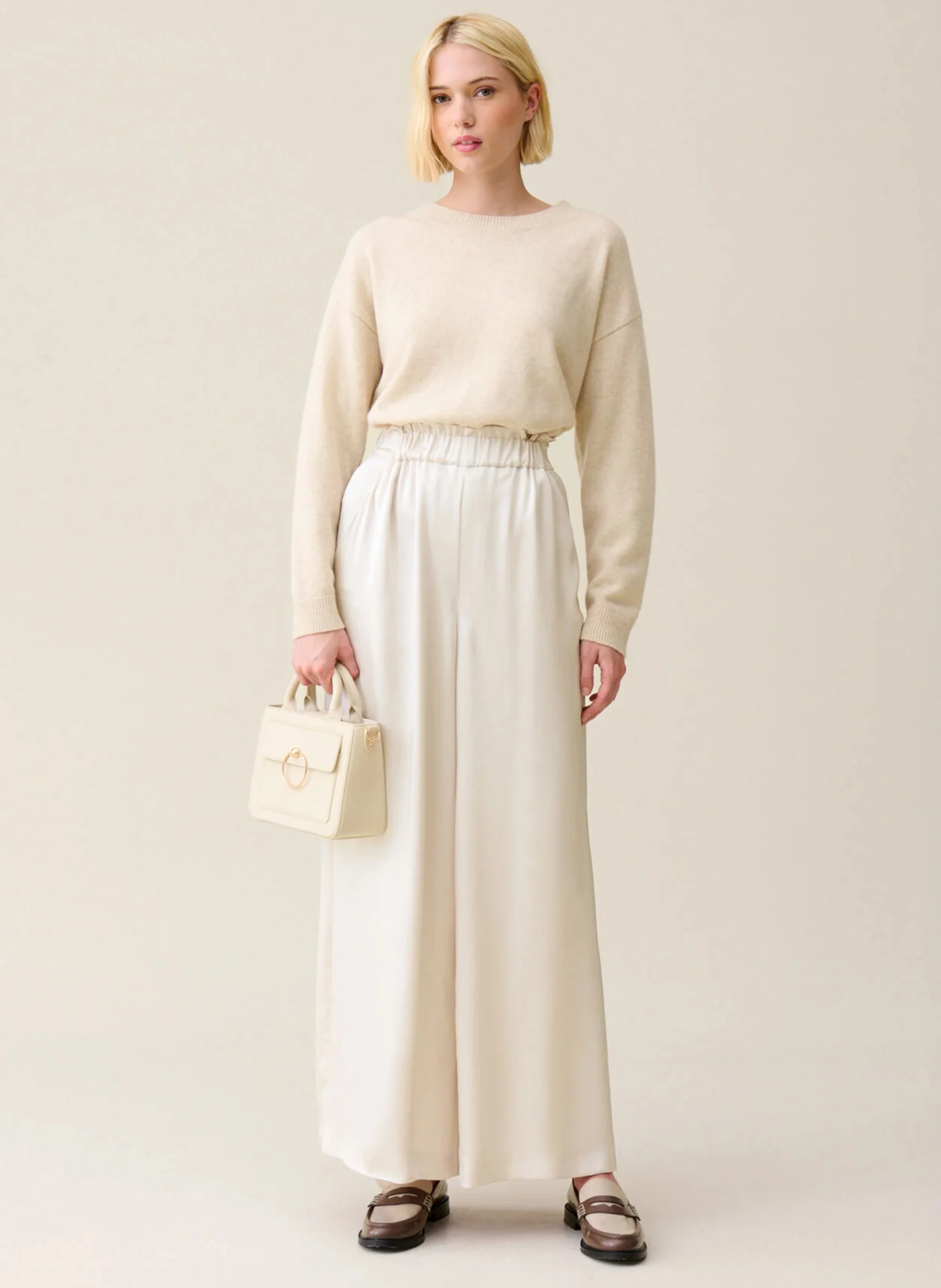 Pantalon large taille haute satiné | Beige