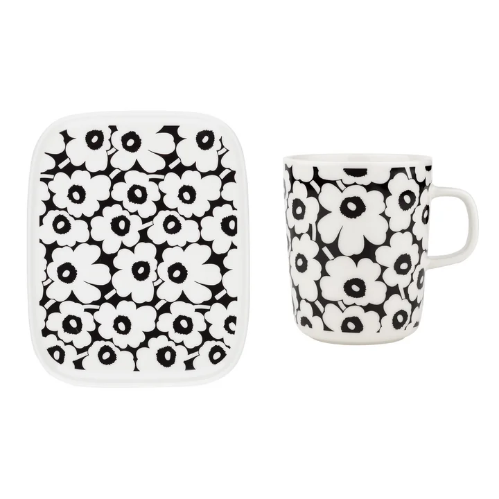 Marimekko - Oiva Pikkuinen Unikko Servierplatte & Becher mit Henkel 15 x 12 cm & 250 ml, schwarz / weiss (60th Anniversary Collection) (2er-Set)
