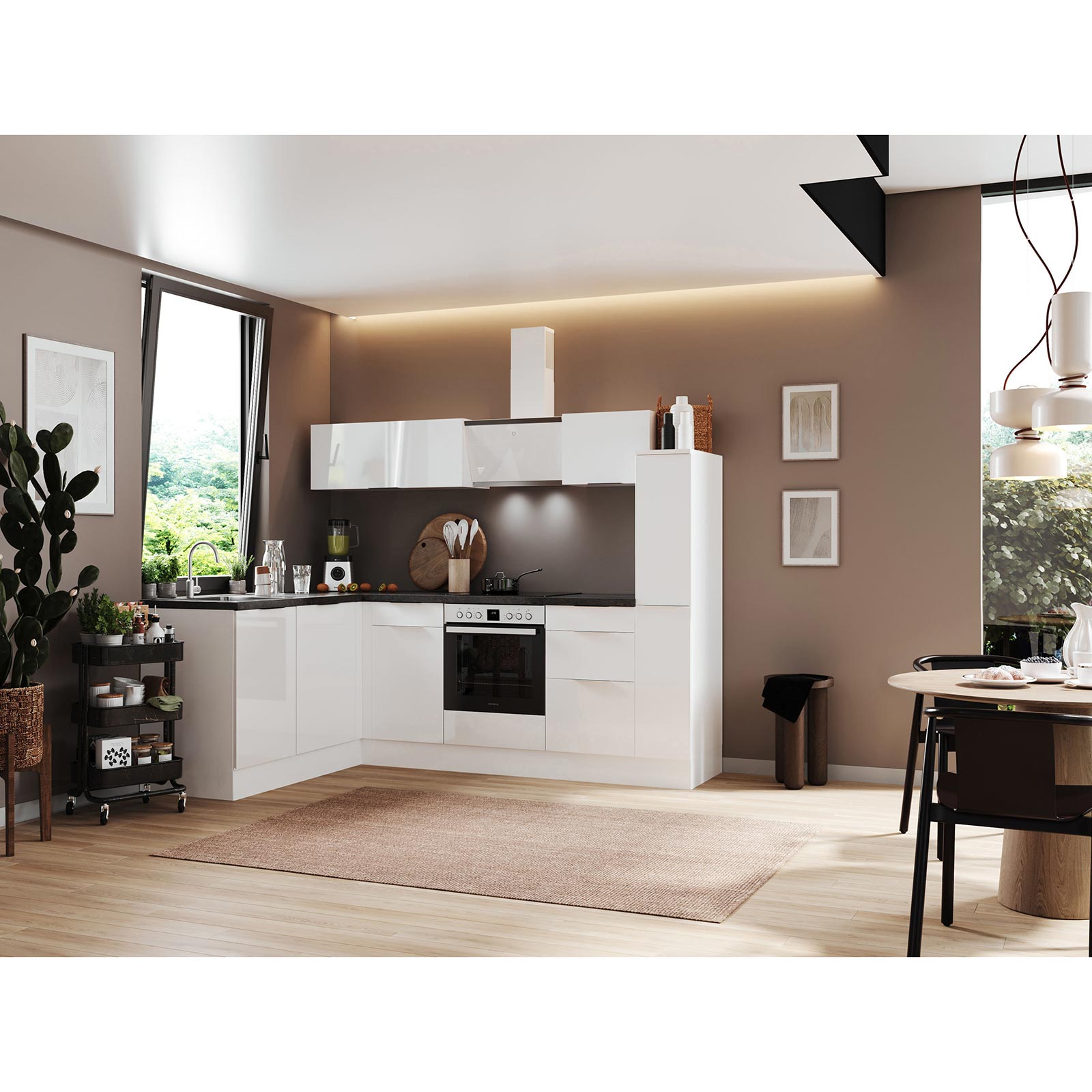 RESPEKTA Winkelküche - weiß Hochglanz - weiß matt - mit E-Geräten - 250x175 cm