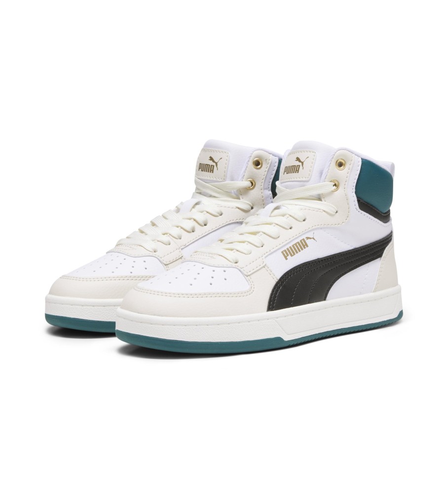 Tênis Puma Caven 2.0 Mid, branco e verde.