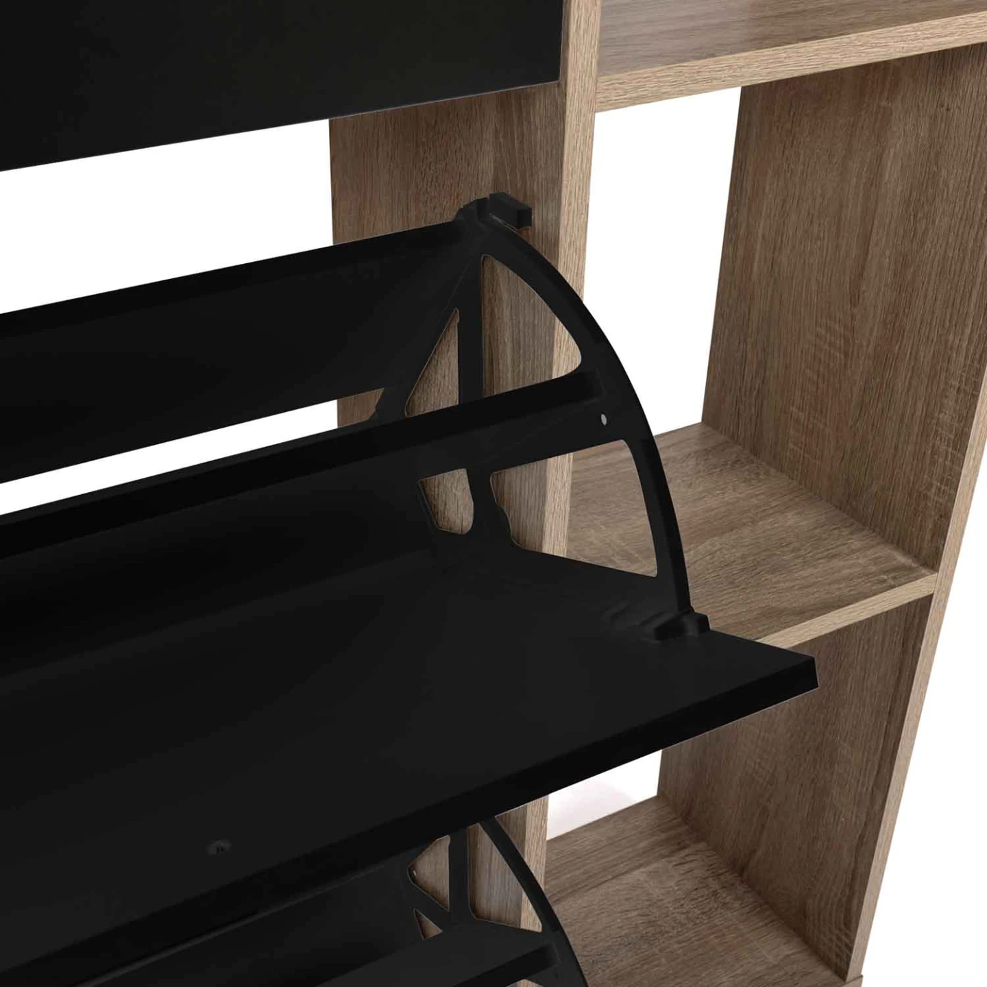Meuble à chaussures 12 paires KLARK imitation hêtre 2 portes et 1 tiroir noirs avec étagères