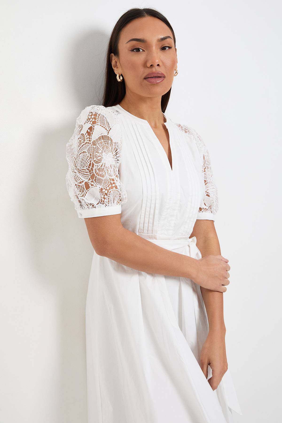 Wallis Robe Midi En Coton Avec Ceinture Et Dentelle Petite