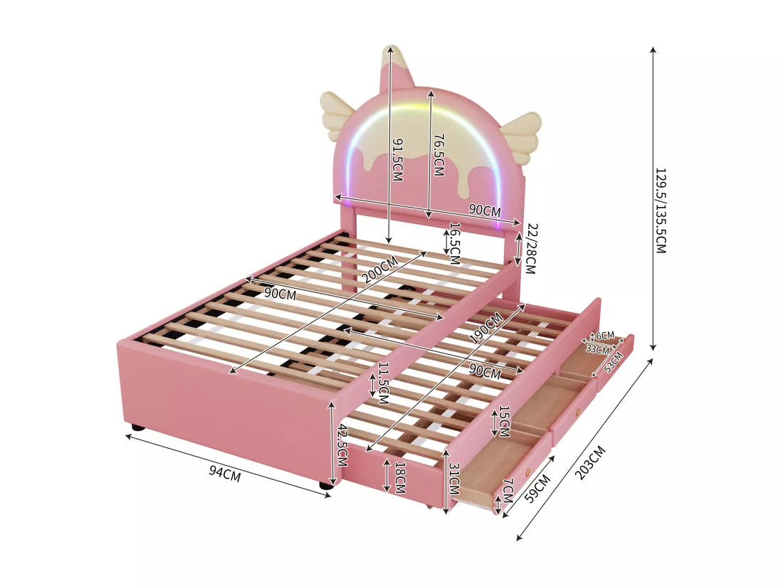 Lit gigogne 90x200cm+90x190cm, lit d'enfant avec 3 tiroirs, sommier à lattes et tête de lit forme licorne, matière PU, rose