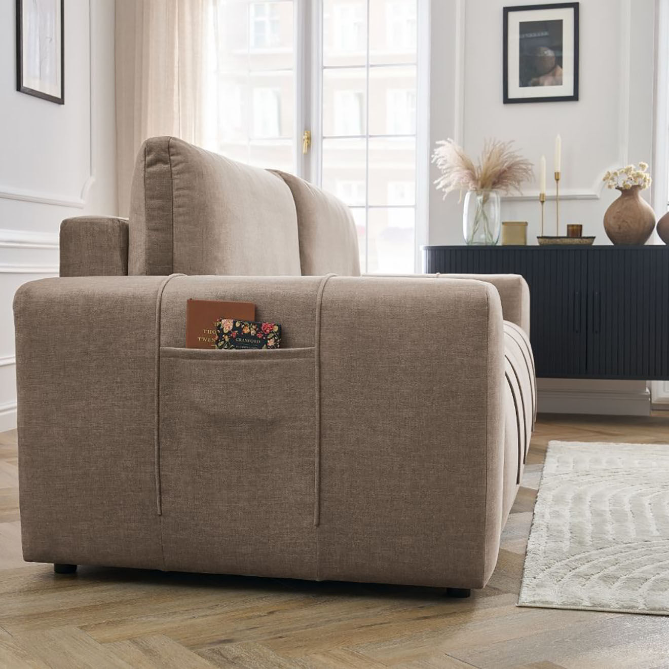 Bobochic Canapé droit convertible en Velours 3 places Arsène avec coffre taupe - 248x105x90 cm