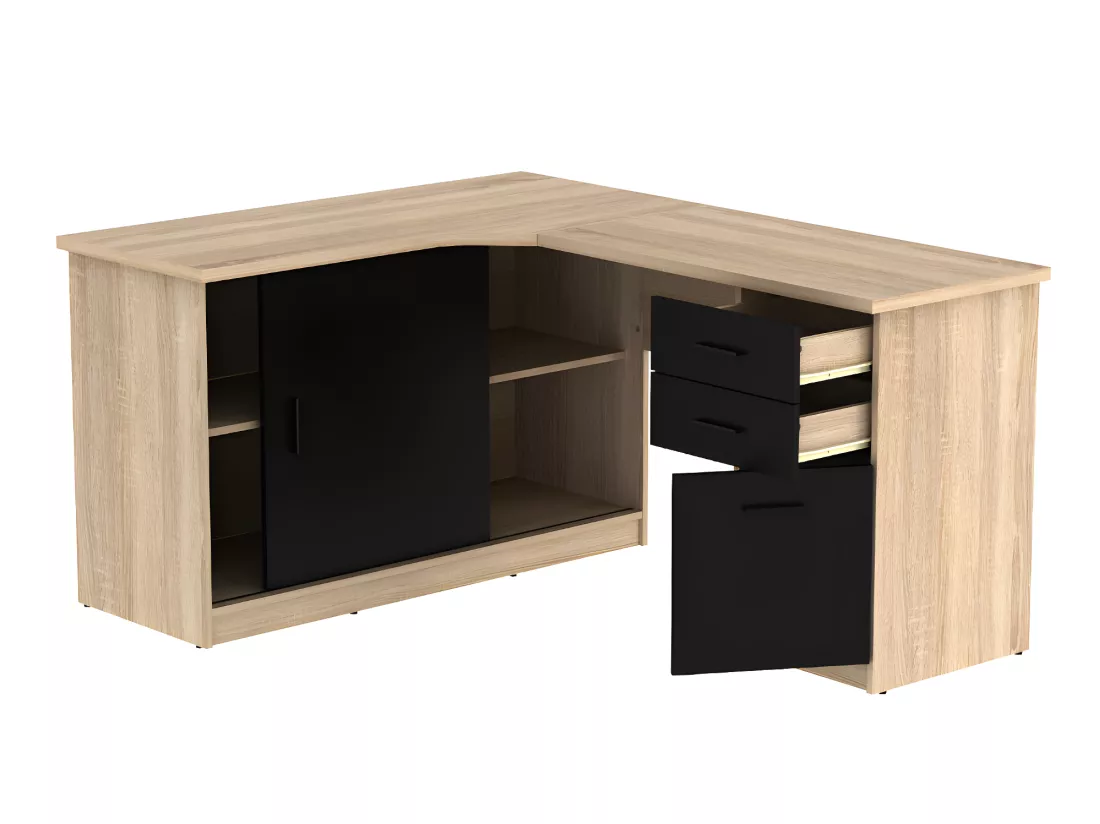 Bureau d'angle NORWY - 2 portes & 2 tiroirs - Chêne et noir