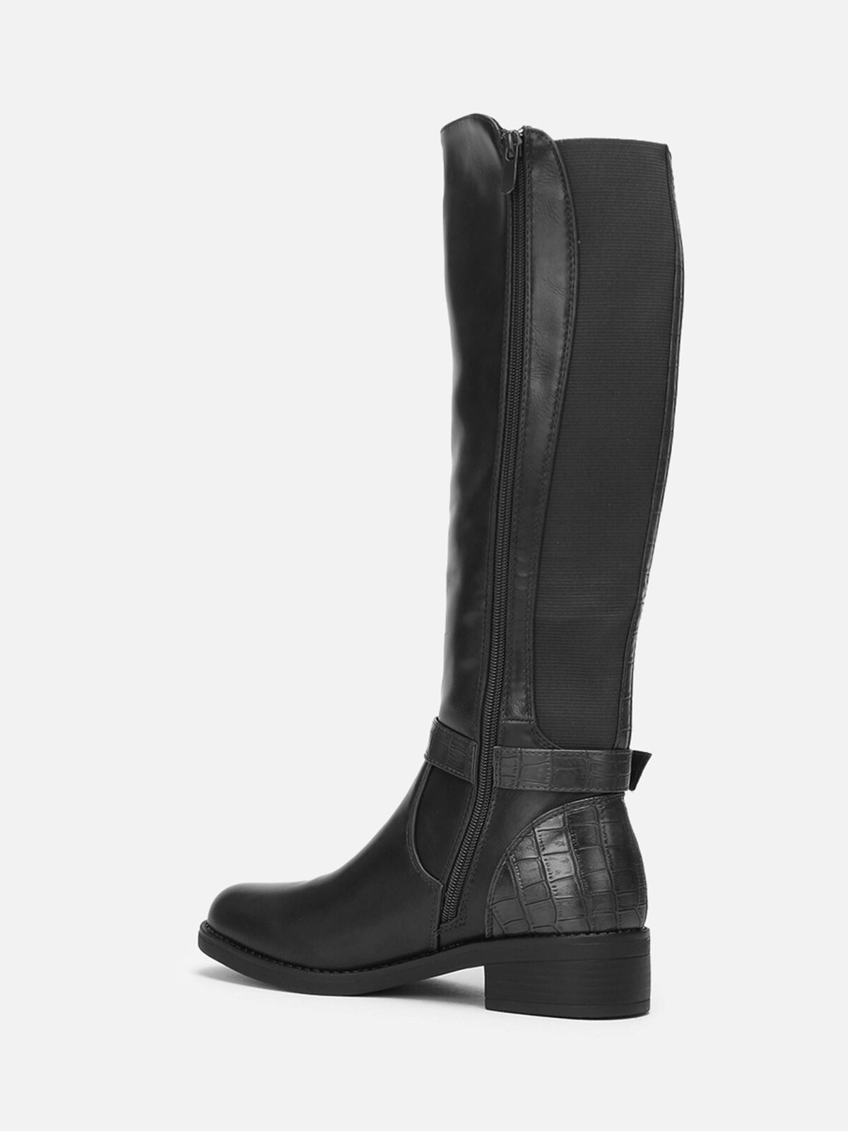 Bottes cavalière en simili effet croco- Noir