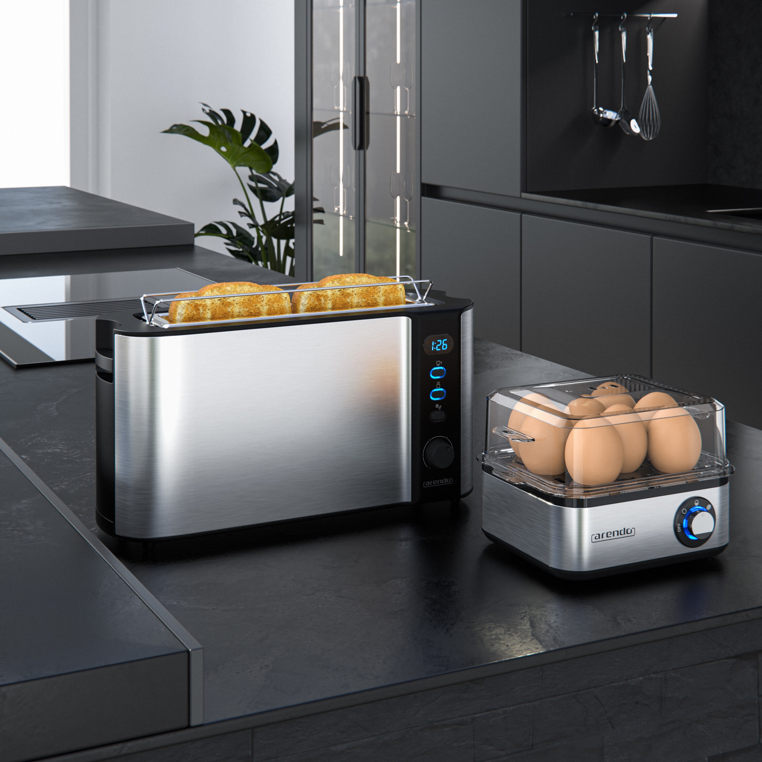 Arendo 2-teiliges Frühstücksset, 2-Scheiben Langschlitztoaster FRUKOST, 8er Eierkocher, Silber