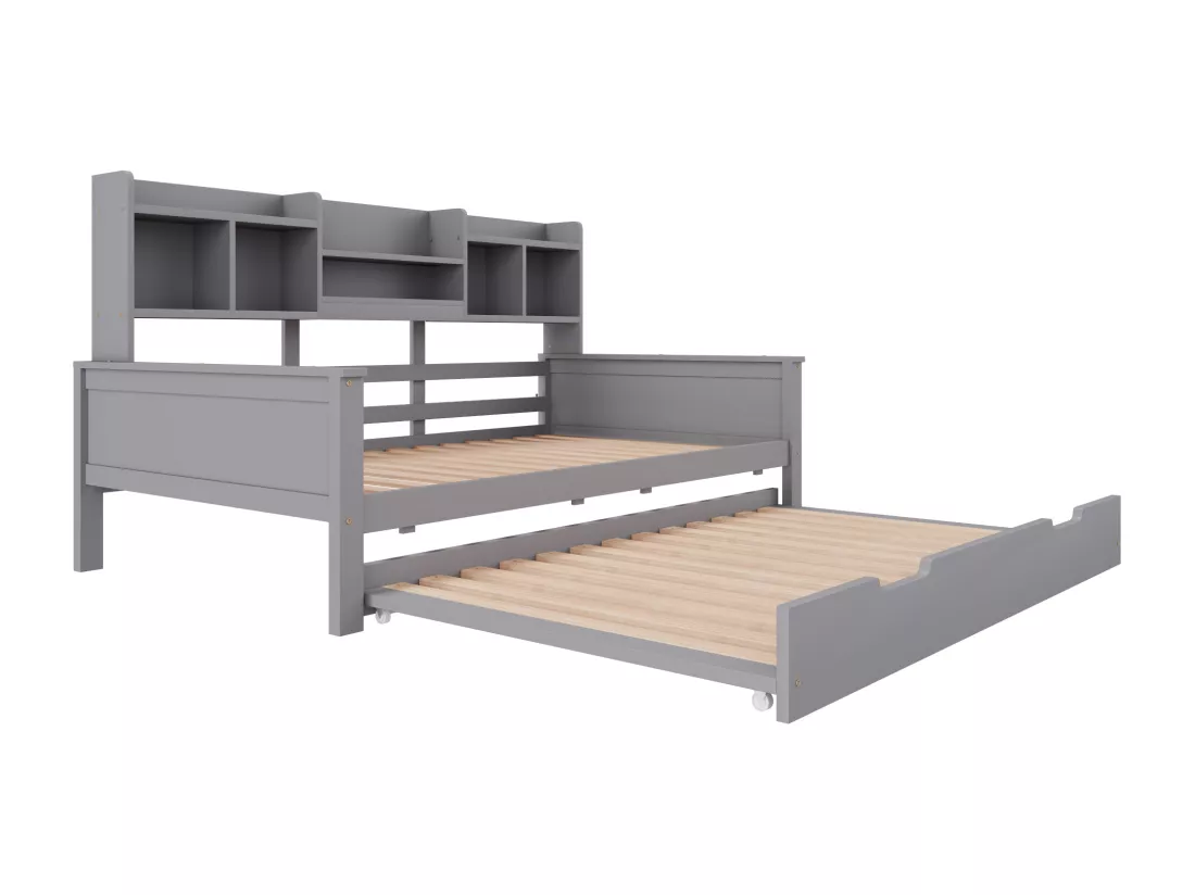 Canapé-lit gigogne 90x200 cm - Lit gigogne 90x190 cm - avec rangement - sommier à lattes - pin multi - gris (matelas non inclus)