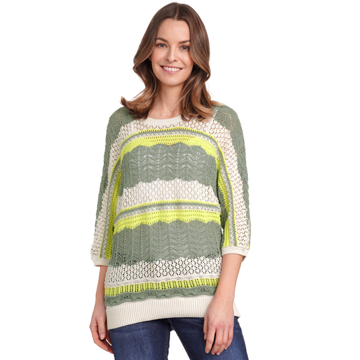 Gina Benotti Damen Strickpullover mit 3/4-Arm limette / salbei / beige