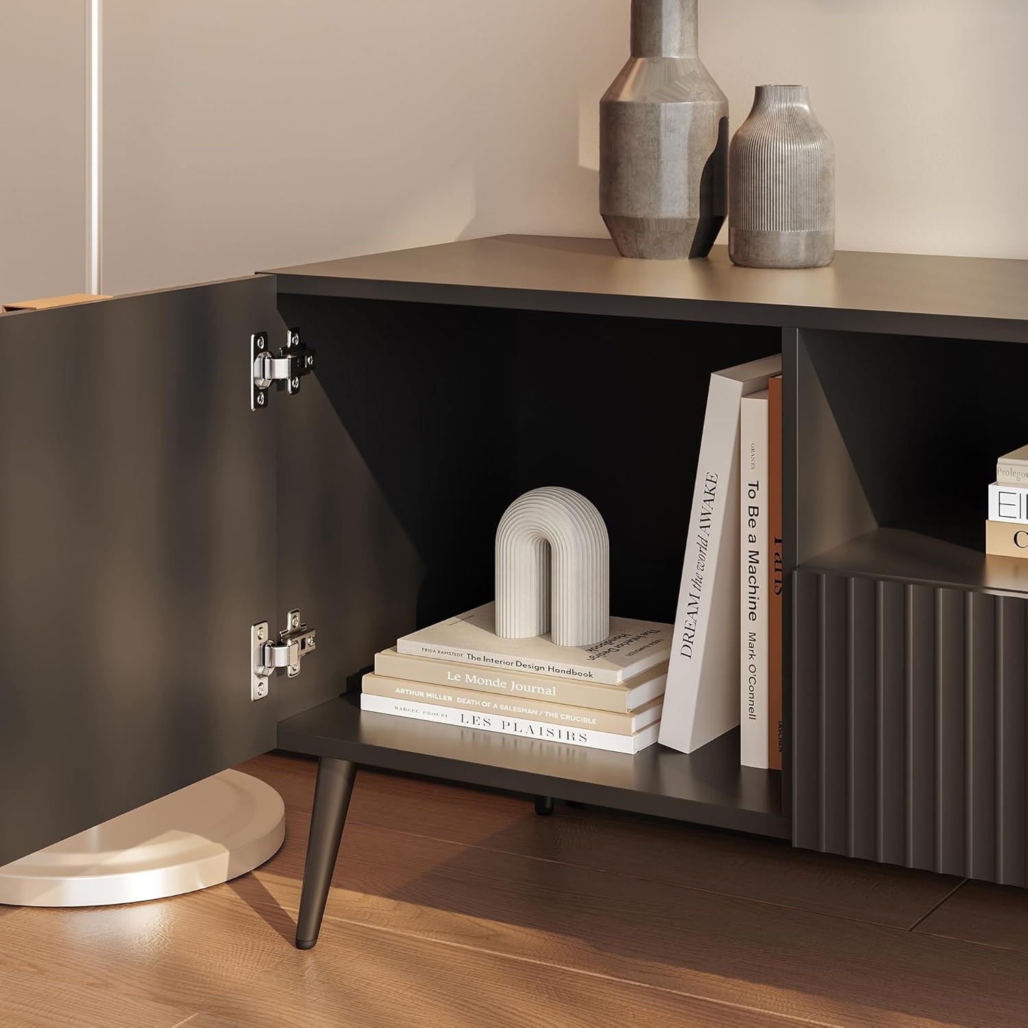 [en.casa] TV Schrank Nand Lowboard mit 2 Türen geriffelt Fernsehschrank mit 2 Schubladen 180 x 40 x 51 cm Sideboard Kommode Fernsehtisch Schwarz