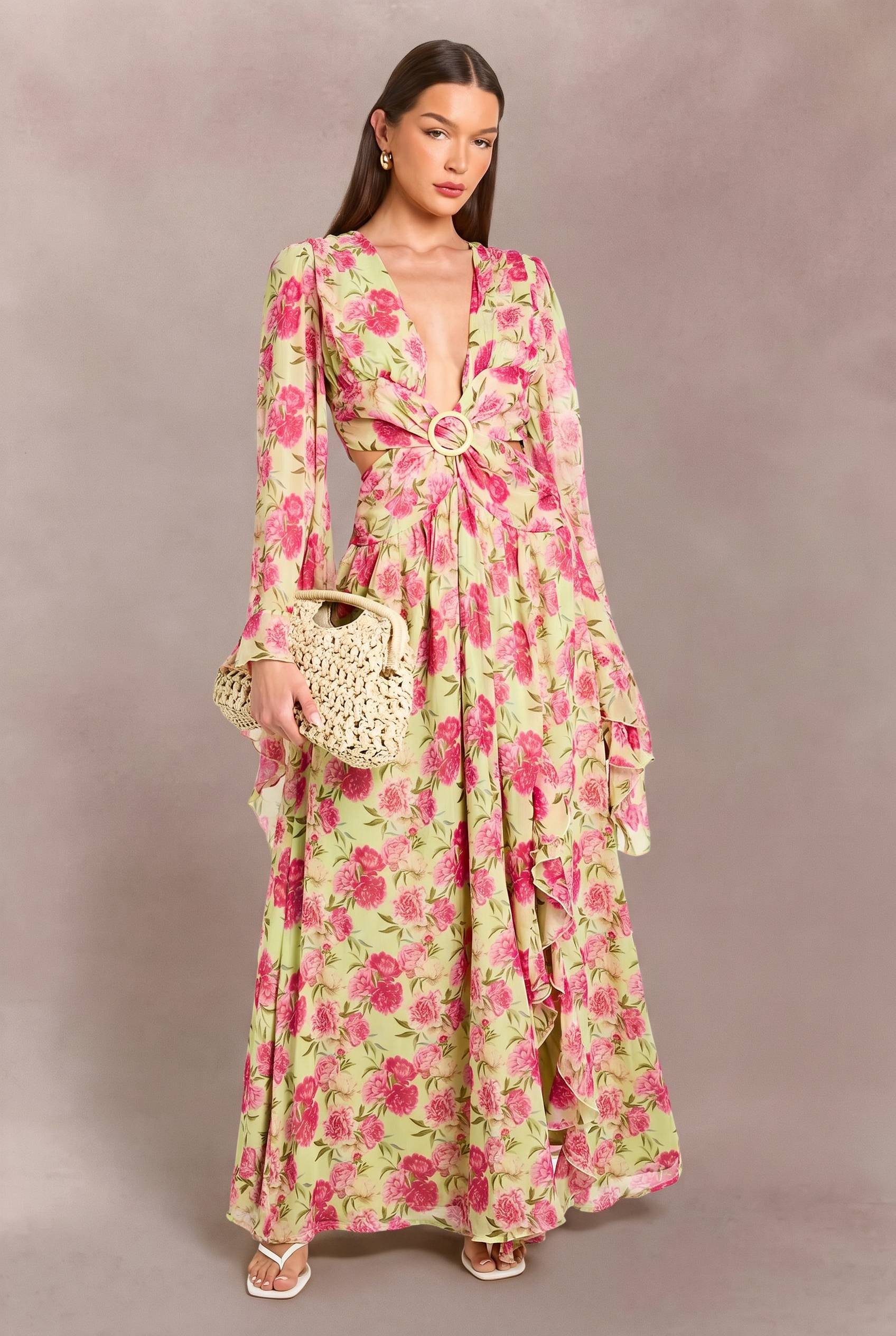 boohoo Robe Maxi Longue En Mousseline À Imprimé Floral Et Décolleté Plongeant