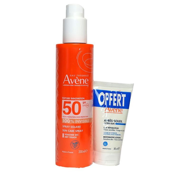 Solaire spray invisible SPF50 visage corps 200ml + lait réparateur 50ml