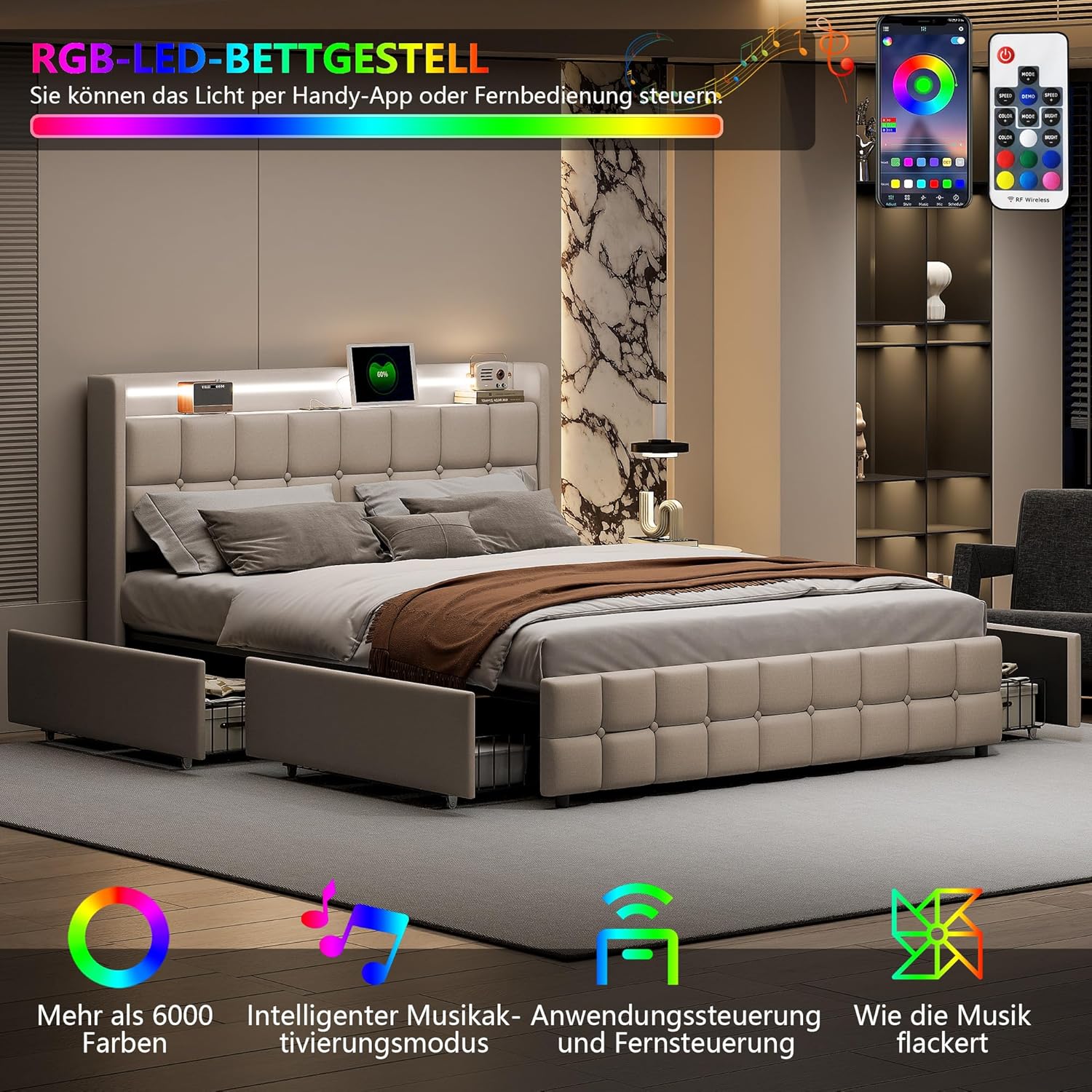 Doppelbett 180x200,Stauraumbett,Betten mit LED-Beleuchtung und 4 Schubladen, Polsterbett mit Stauraum, Jugendbett mit Aufladen USB Ladefunktion Kopfteil,Lattenrost aus Holz (Beige)