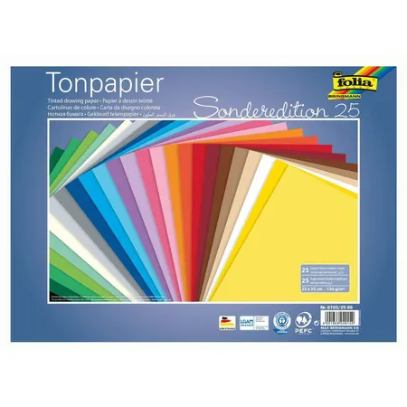 Folia Tonpapier Mix, 25 x 35 cm, 130 g/qm, 25 Blatt sortiert in 25 Farben