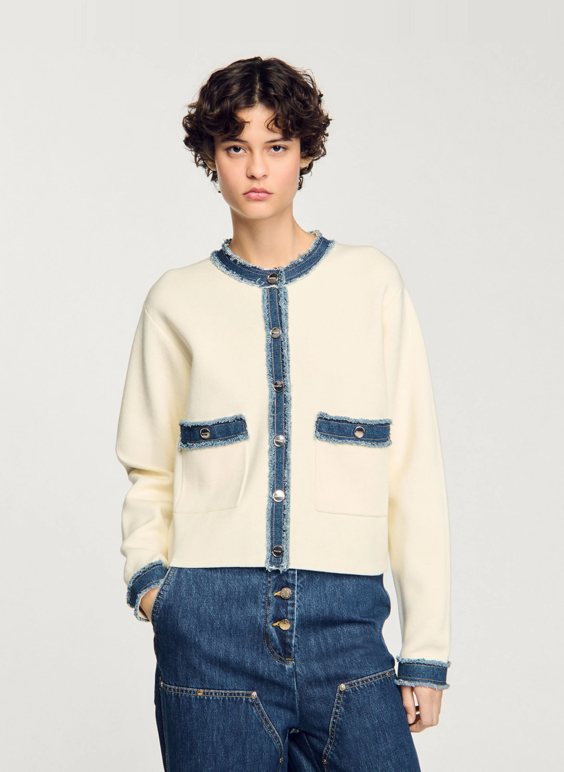 Cardigan à détails denim en coton | Blanc