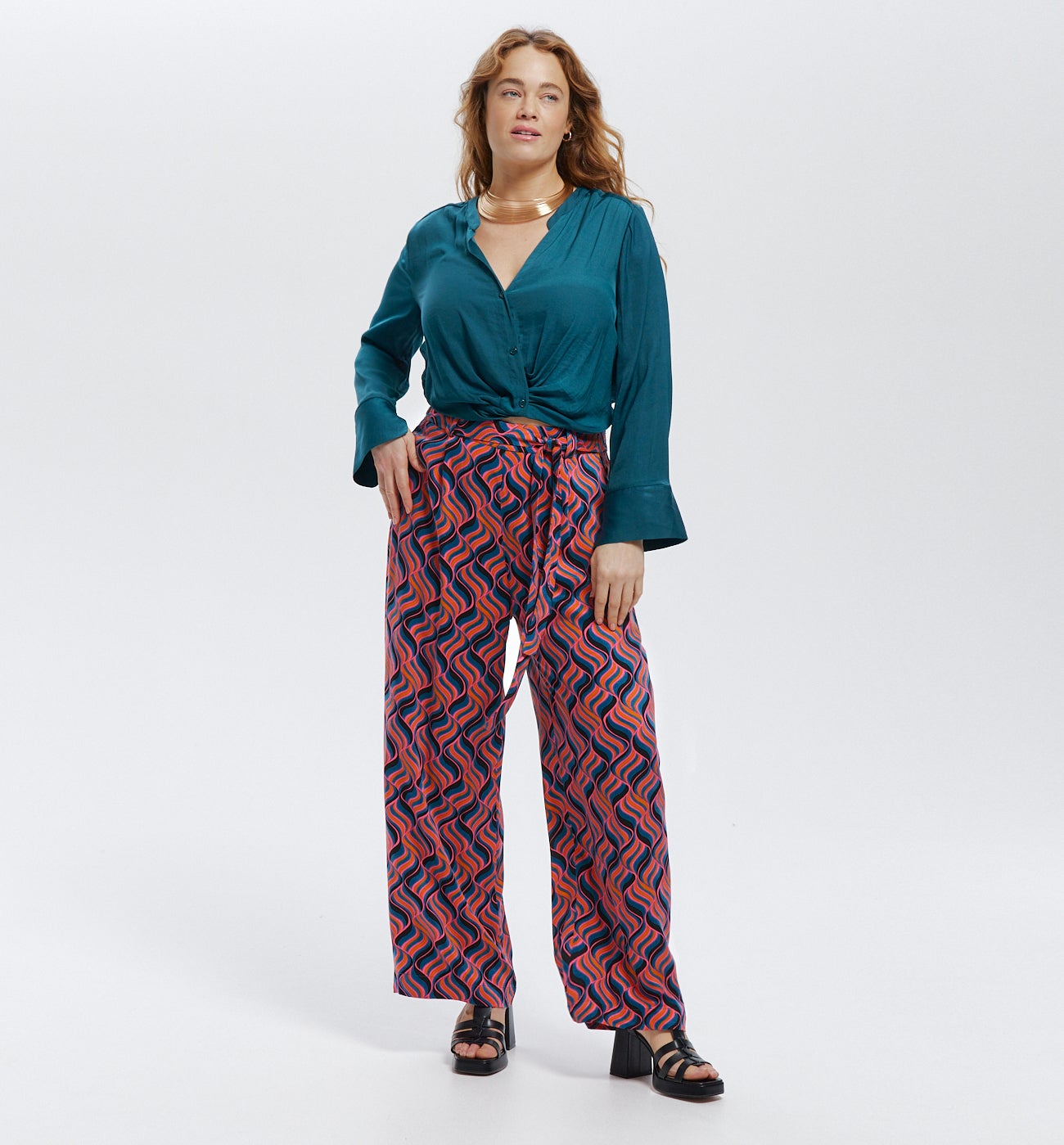 Pantalon large taille haute - Imprimé rose