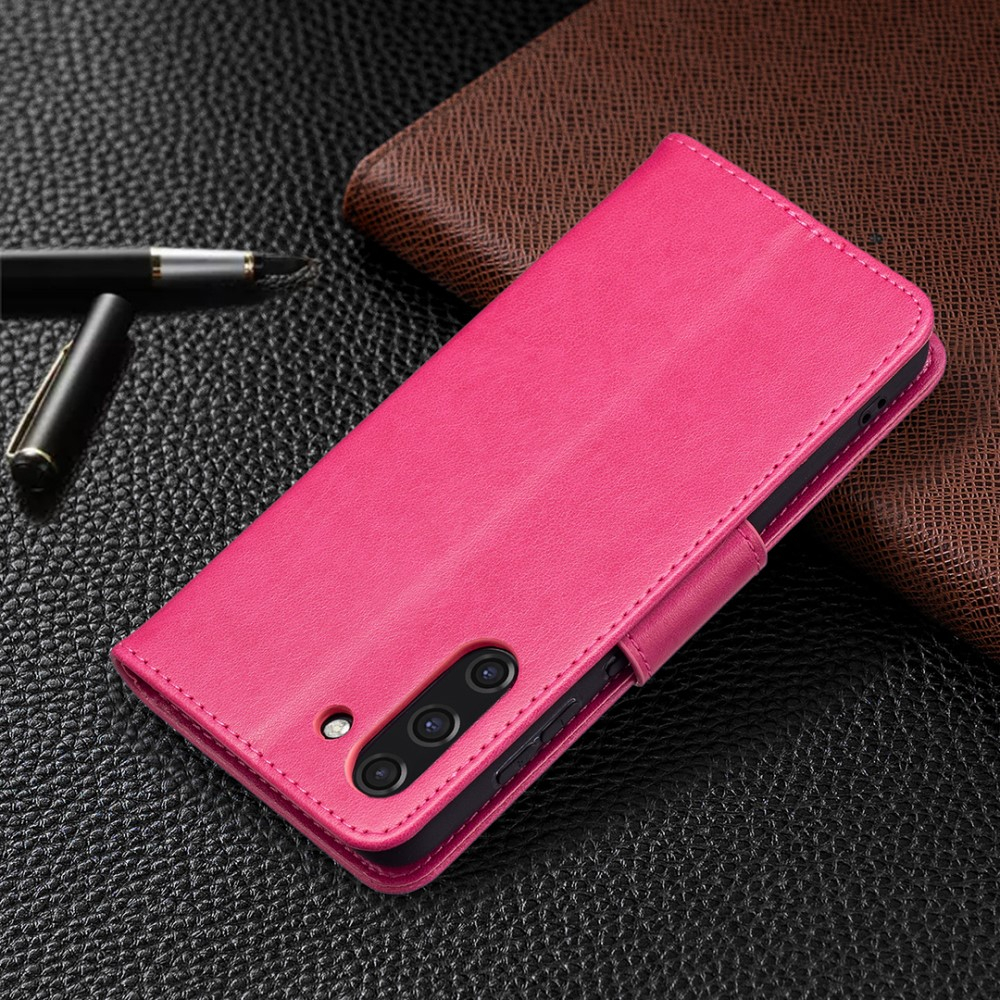 Samsung Galaxy S21 FE 5G Leder Tasche mit Kartenfach   Handschlaufe Schmetterling - Pink