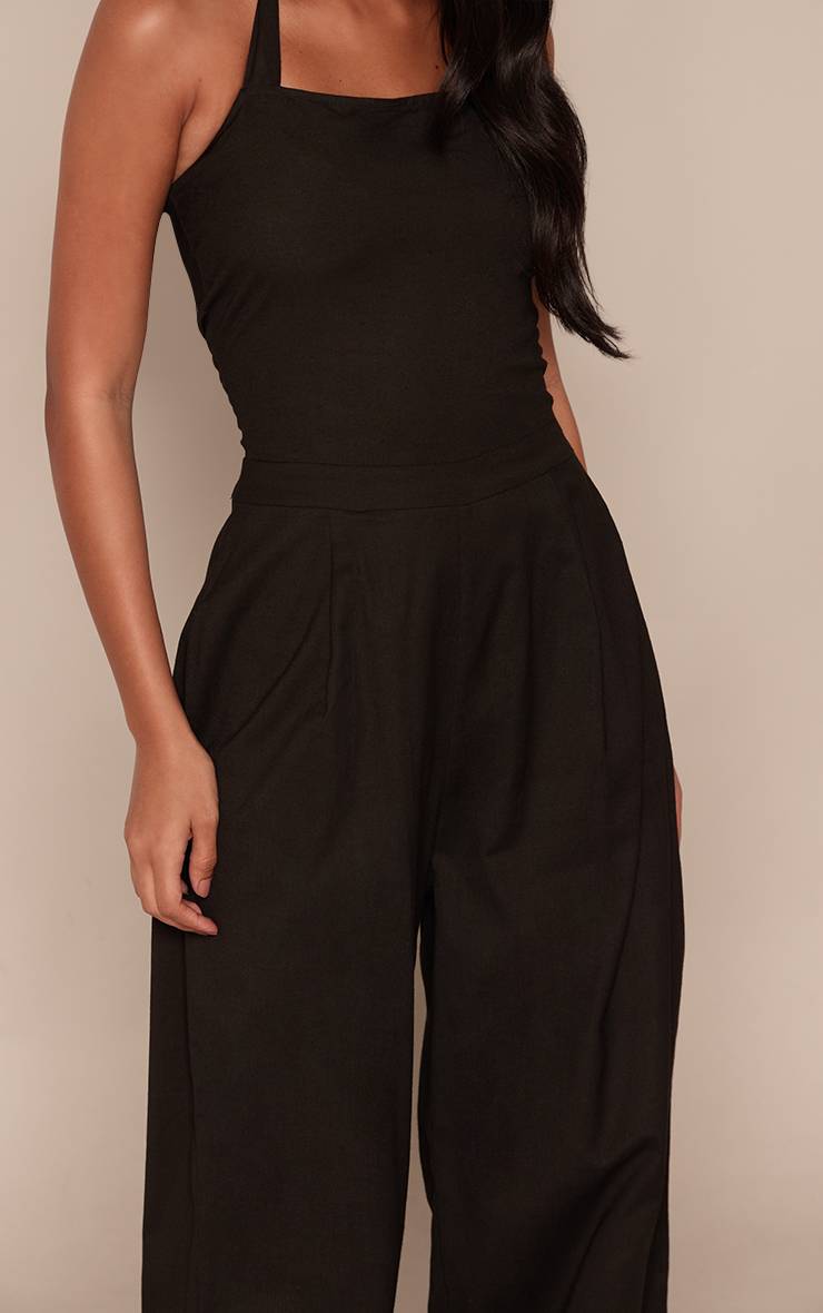 Noir Combinaison Pantalon Dos Nu Effet Lin Avec Col Licou