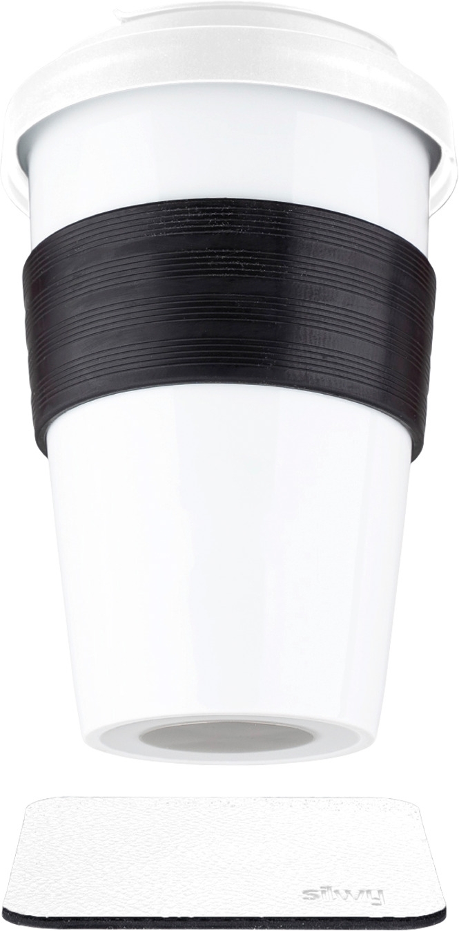 silwy® To-Go-Cup Porzellan Becher mit Deckel inkl. Metall-Nano-Gel Pad Untersetzer (350 ml)
