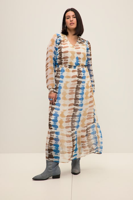 Maxikleid, A-Line, Batik Print, V-Ausschnitt, Langarm