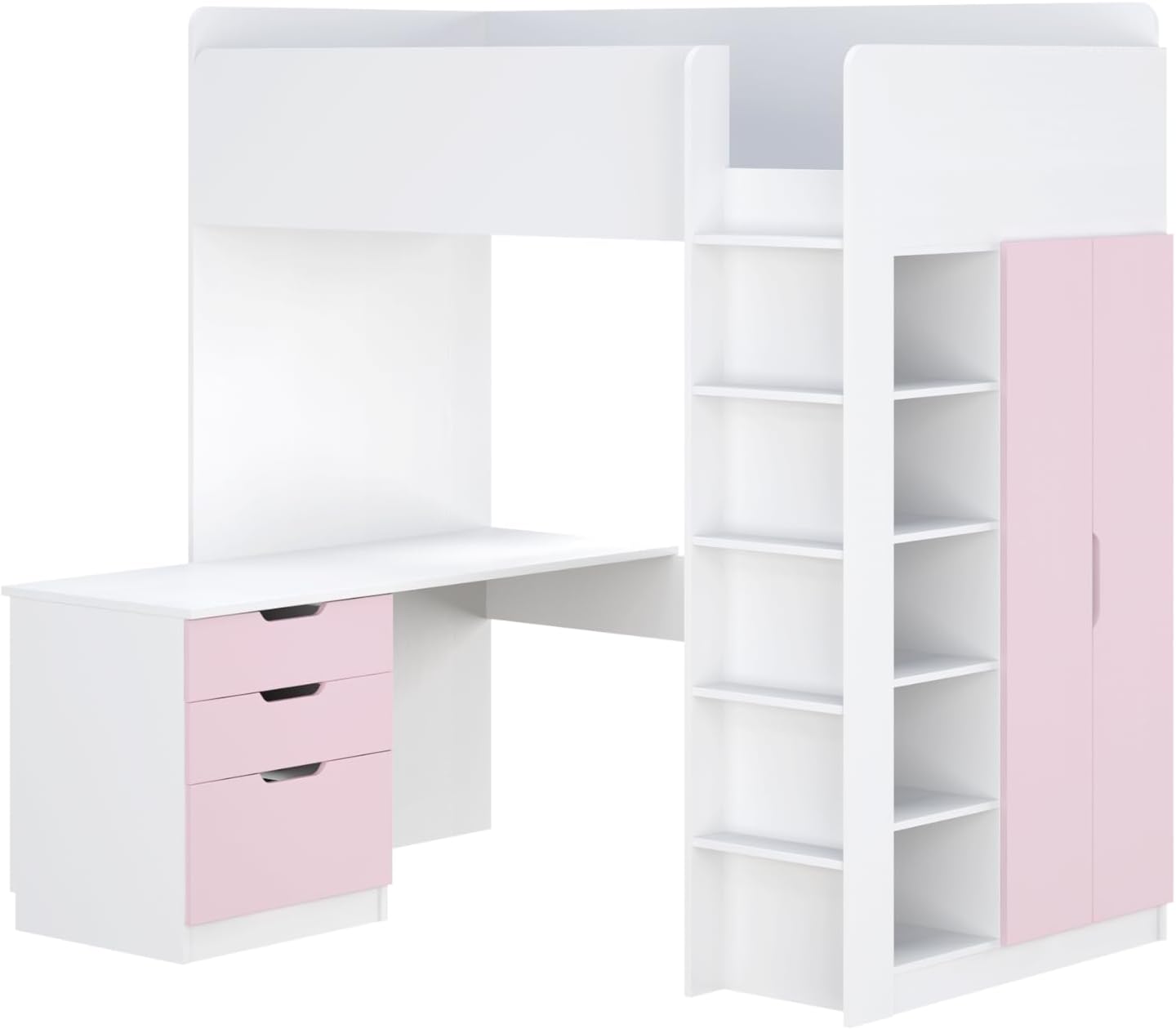 Shefa Kids Hochbett Mit Schreibtisch - Platzsparendes 5-in-1 Hochbett Kinder Mit Treppe, Kleiderschrank, Regal & Arbeitsbereich - Rosa, Belastbar Bis 90 Kg, Maße: 206 x 107 cm