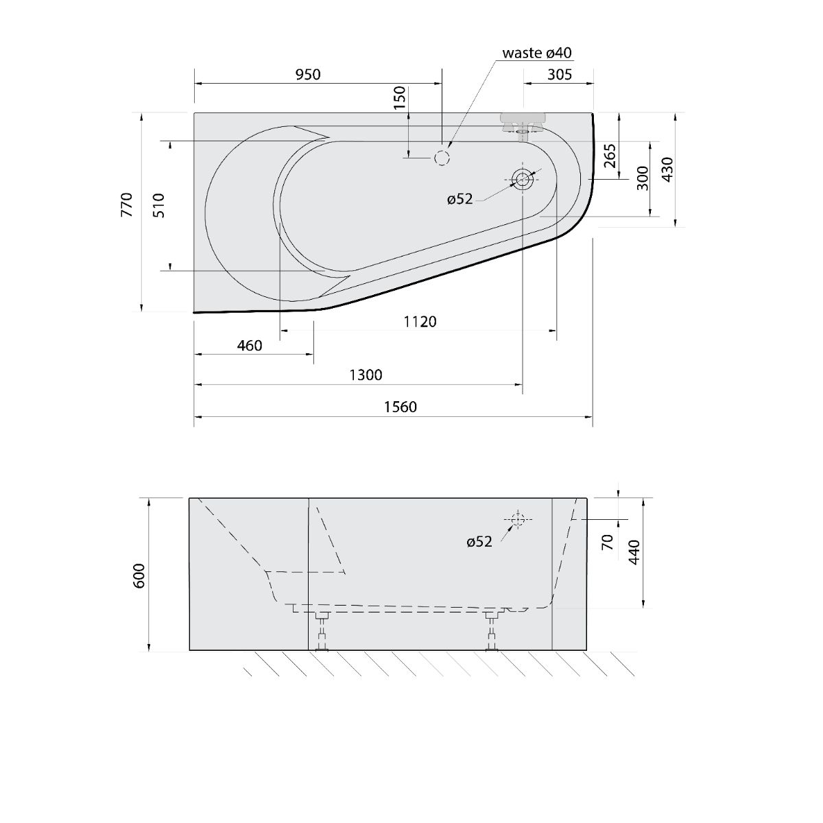 Polysan Monolith hoekbad links 156x77x60cm wit