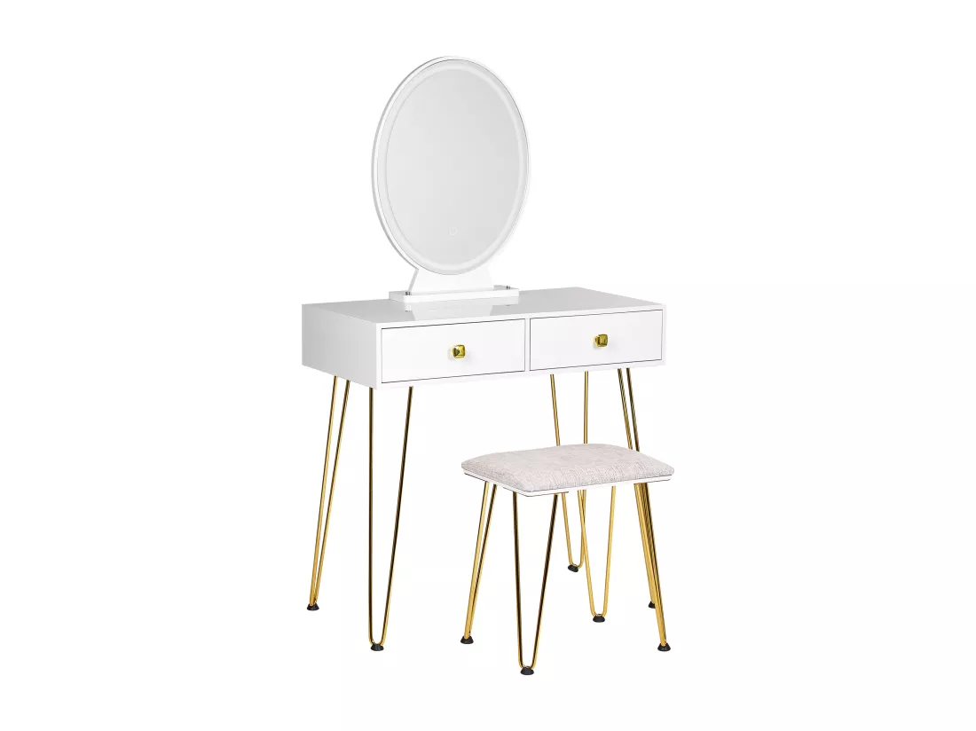 Coiffeuse avec miroir et tabouret CAEN LED Blanc