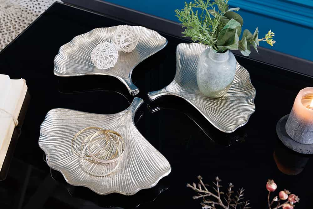 Dekoratives Schalen 3er Set GINKGO 30cm silber handmade Metall