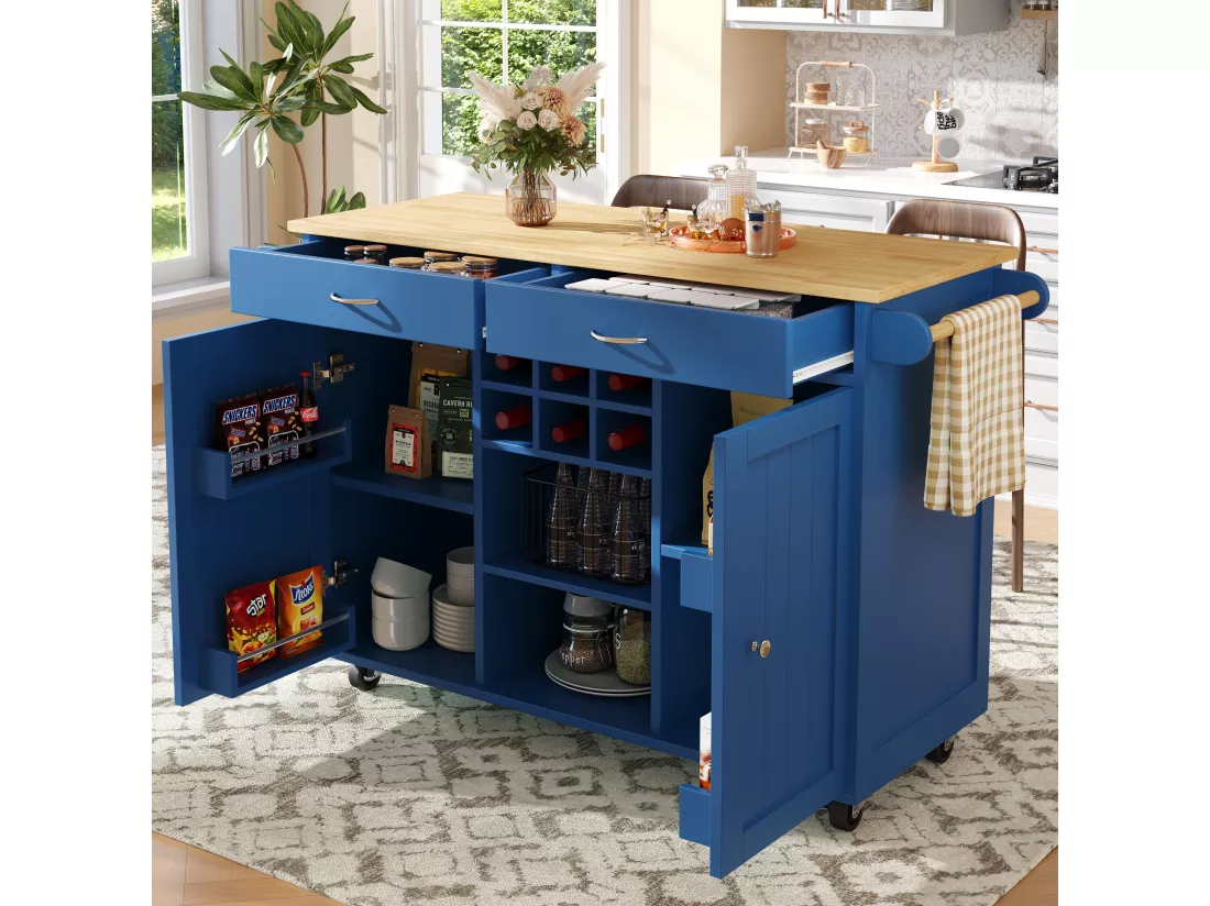 Ilot central de cuisine mobile avec 2 tiroirs, 2 portes et casier à vin 6 bouteuille - 102x45x92cm - MDF et métal - Bleu