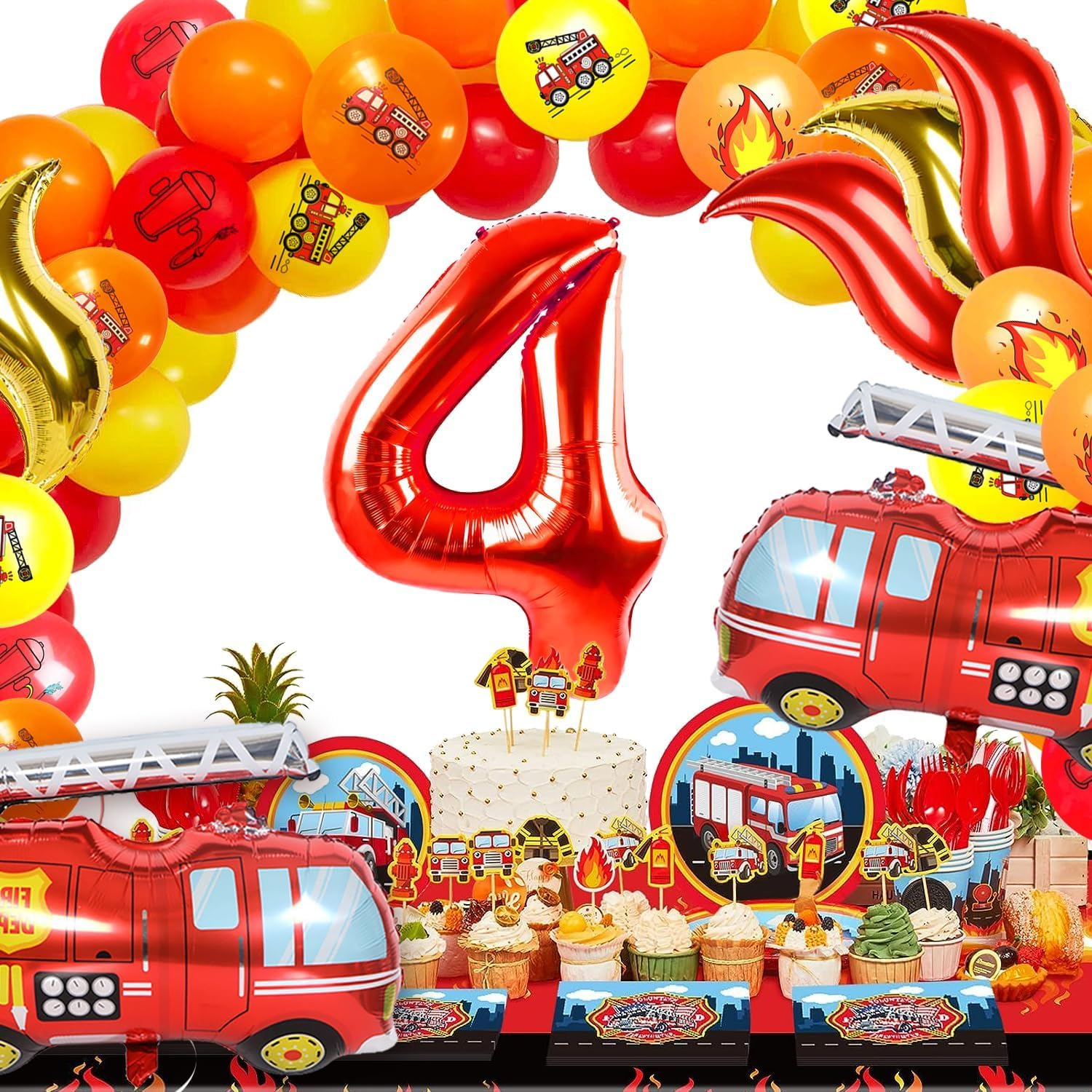 (21-tlg. Set) Zahlen Ballon Kinder Geburtstags Party Folienballon inkl. Latex Luftballons - Zahl 4 / Feuerwehr
