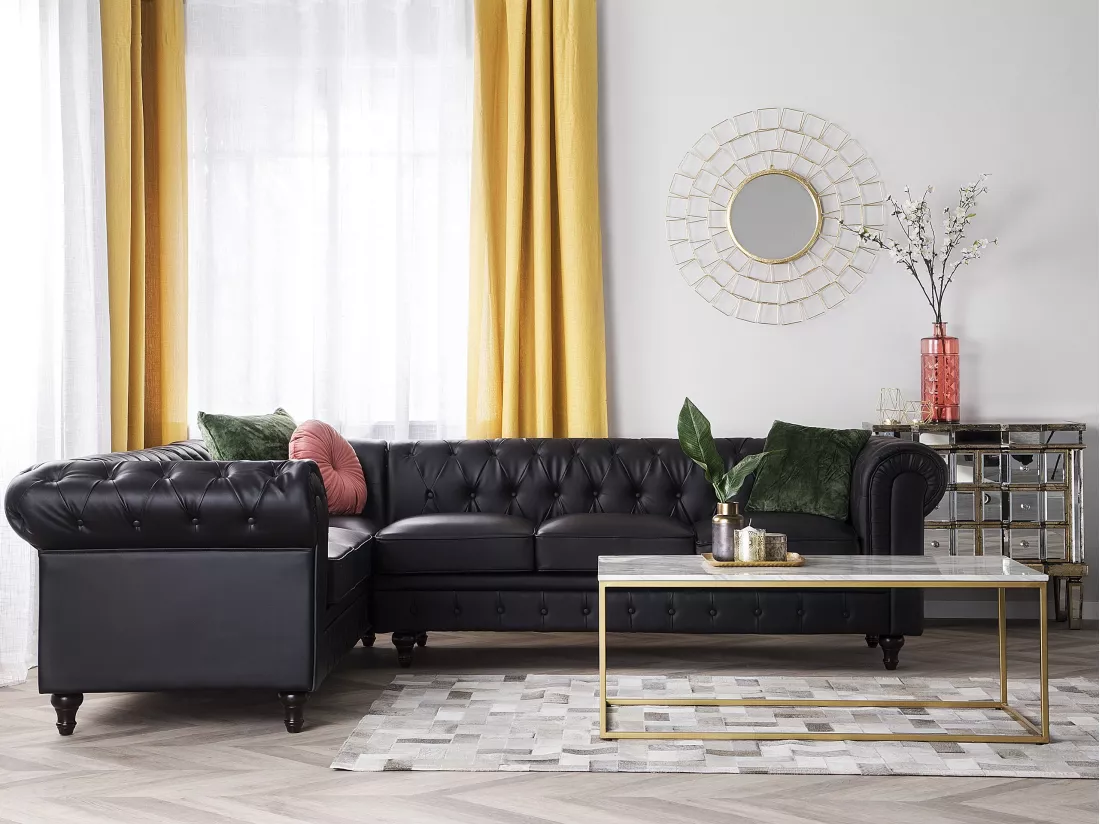 Canapé d'Angle à gauche en Cuir PU Noir Housse Amovible Assise Large Chesterfield