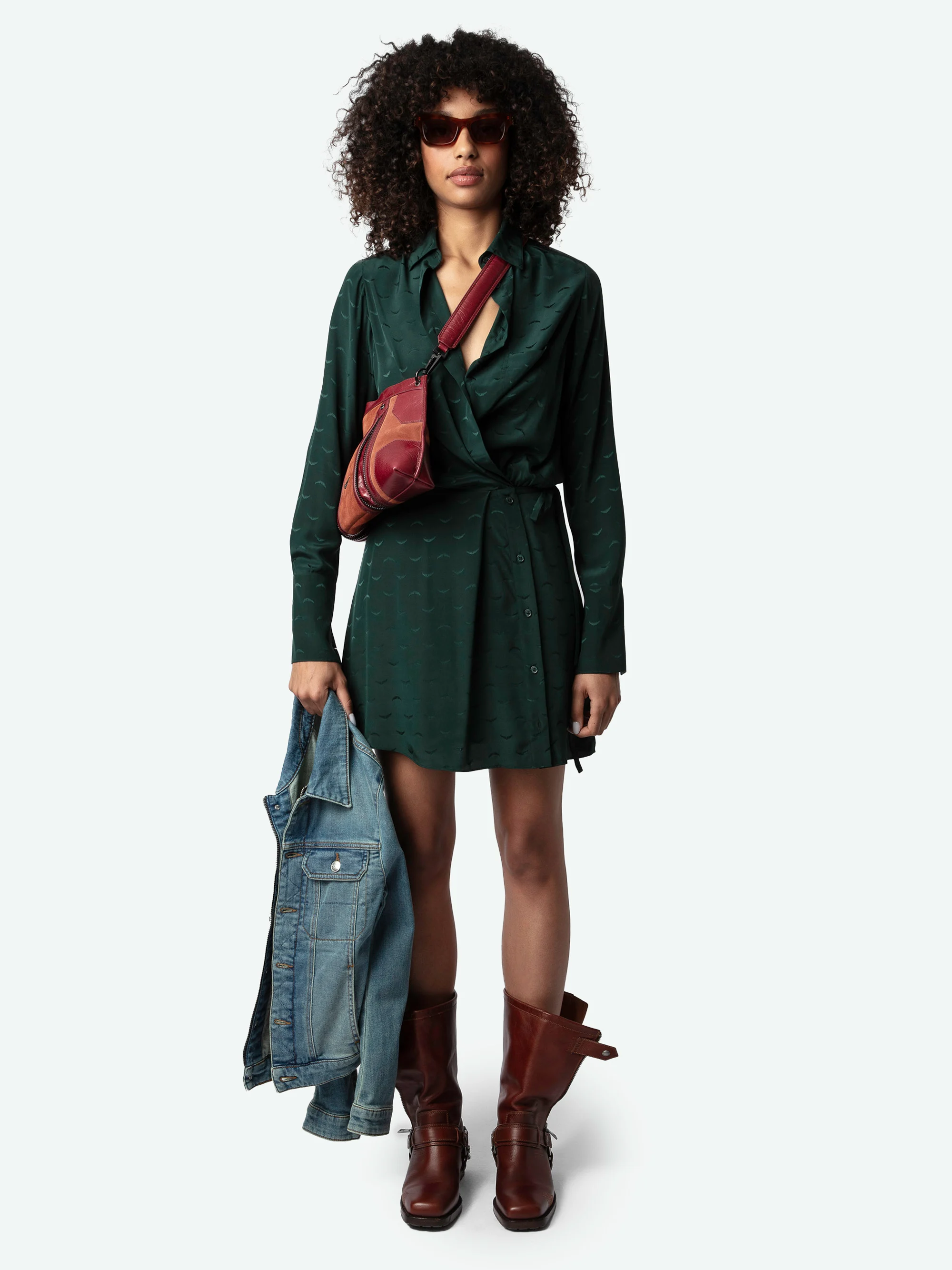 RUNELLE - Robe courte col classique en soie | Vert