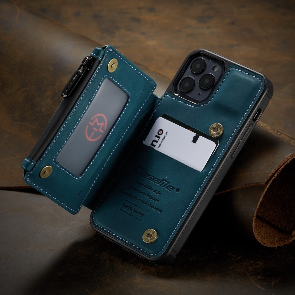 iPhone 12 / iPhone 12 Pro Leder Schutzhülle mit Münzbeutel   3 Kartenfächern - Blau / Grün