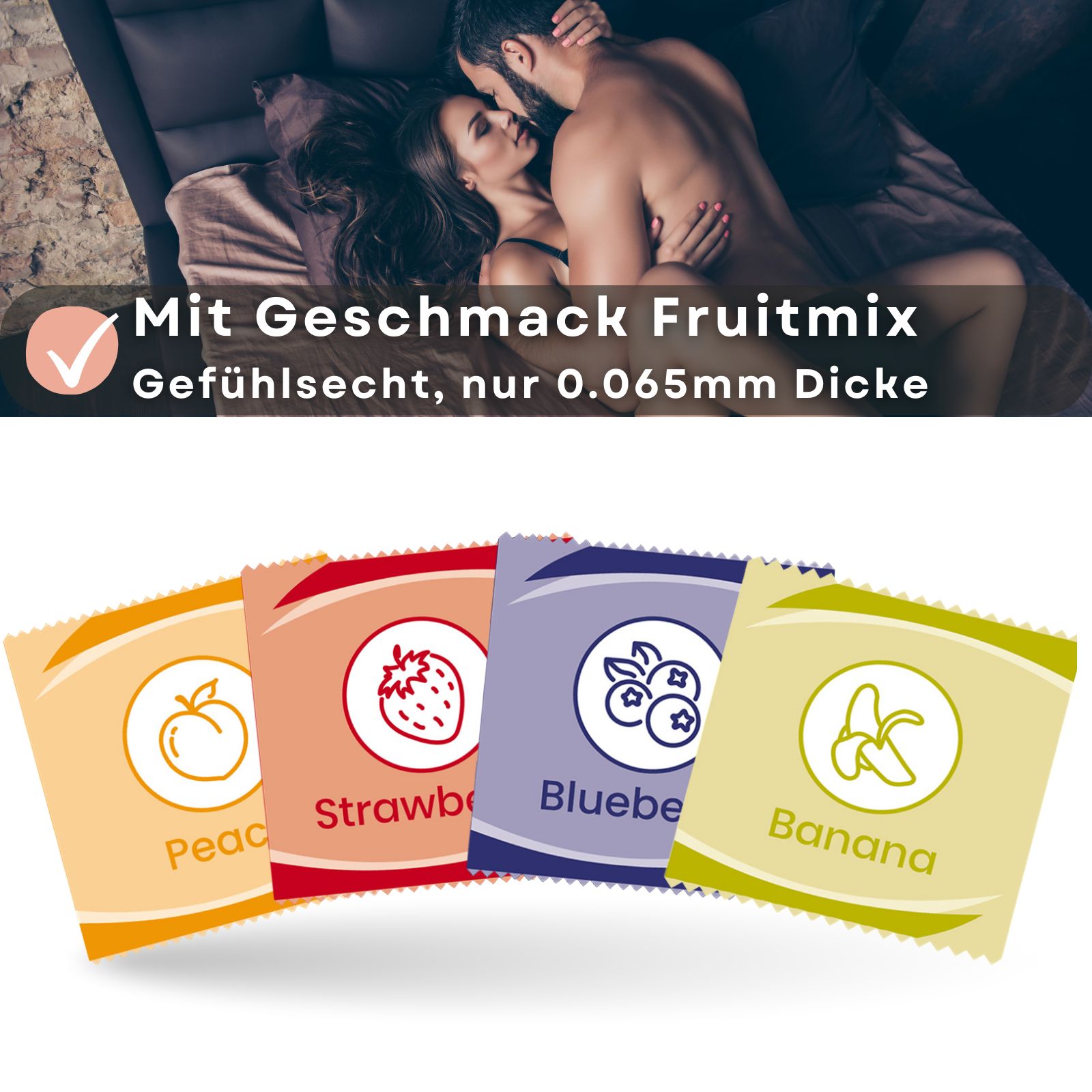 Lovelyness - Kondome mit Geschmack Erdbeere, Banane, Pfirsich, Blaubeere
