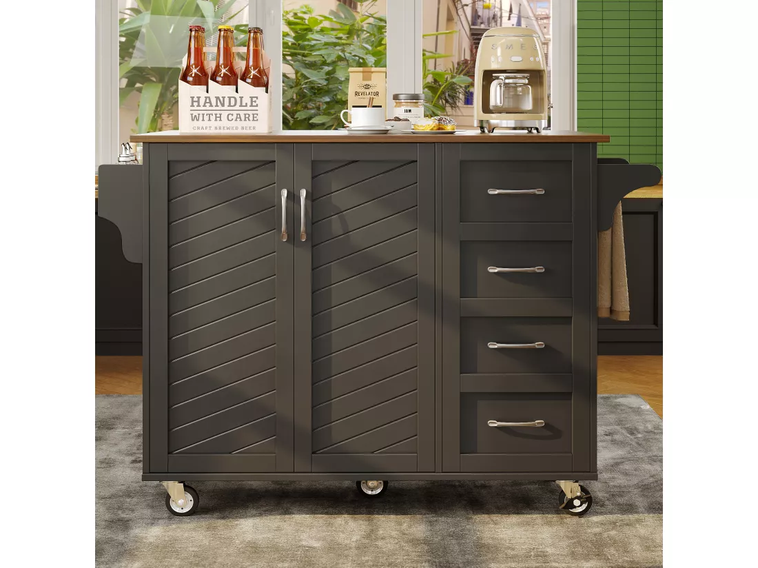 Ilot central de cuisine mobile avec 2 portes, 2 tiroirs et porte-serviettes - Plateau extensible - 128 x 46/71 x 93 cm - Bois MDF - Noir + marron