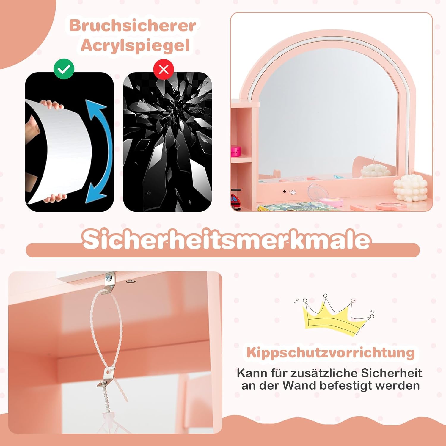 COSTWAY 2 in 1 Kinder Schminktisch Set, Frisertisch mit Hocker, LED-Leuchten, Spiegel, Schrank & Schublade, Kosmetiktisch Schminkkommde mädchen aus Holz für Kinder ab 3 Jahren (Hellrosa)