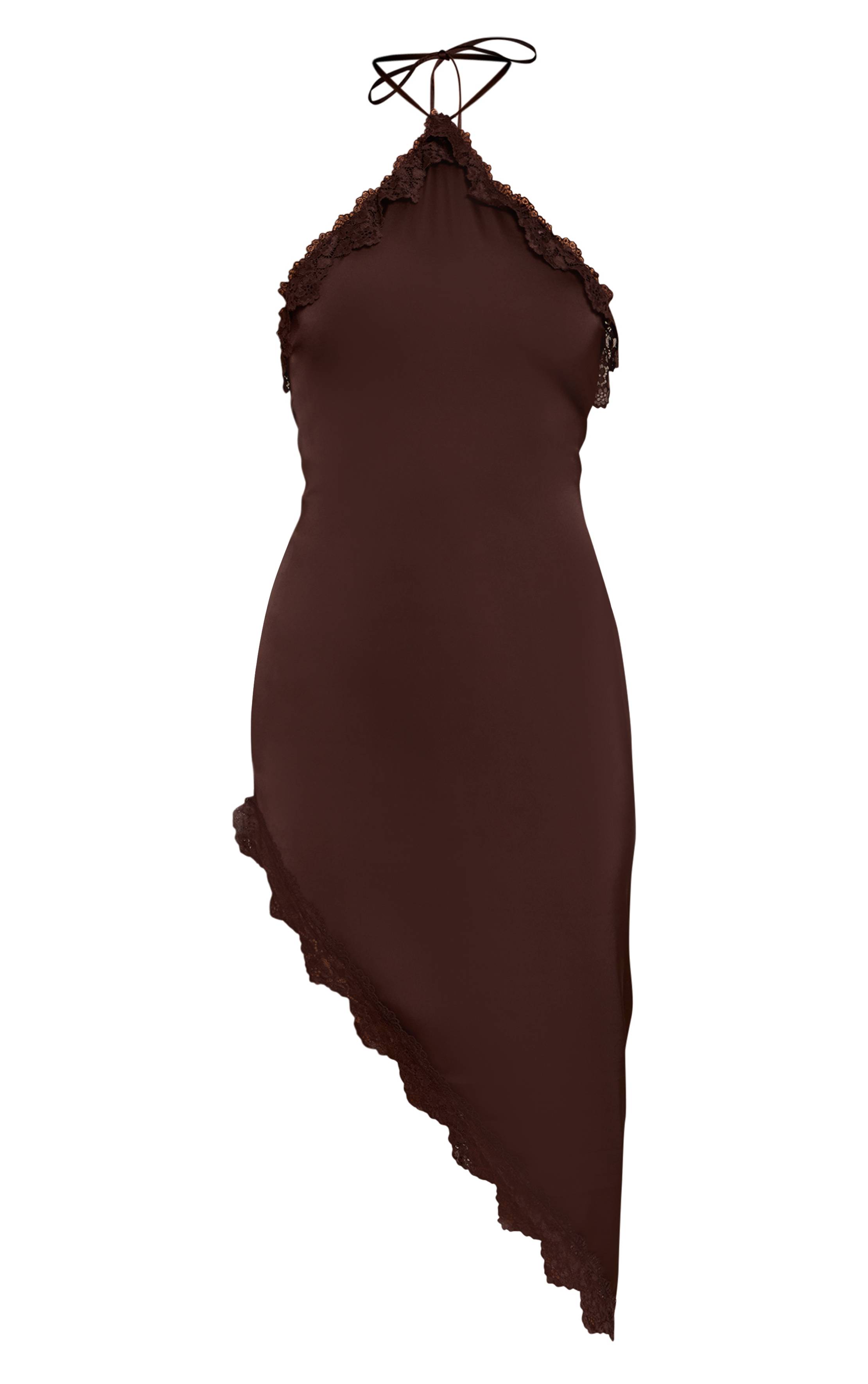 Chocolat Robe Asymétrique À Col Licou Avec Détails Contrastés En Satin Et Dentelle
