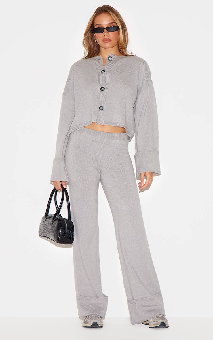 Gris Pantalon En Maille À Ourlet Retroussé