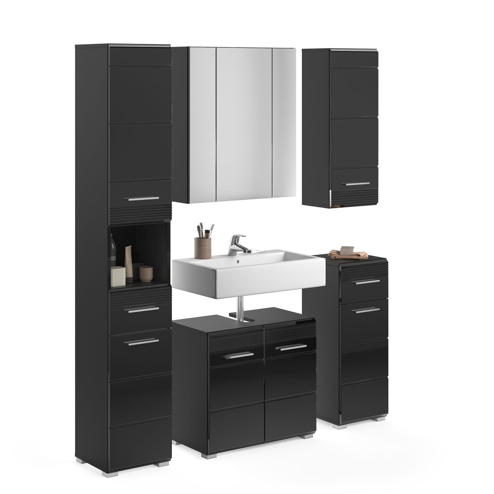 Badmöbelset Linus 5-teilig Schwarz Hochglanz 150x182x34 cm