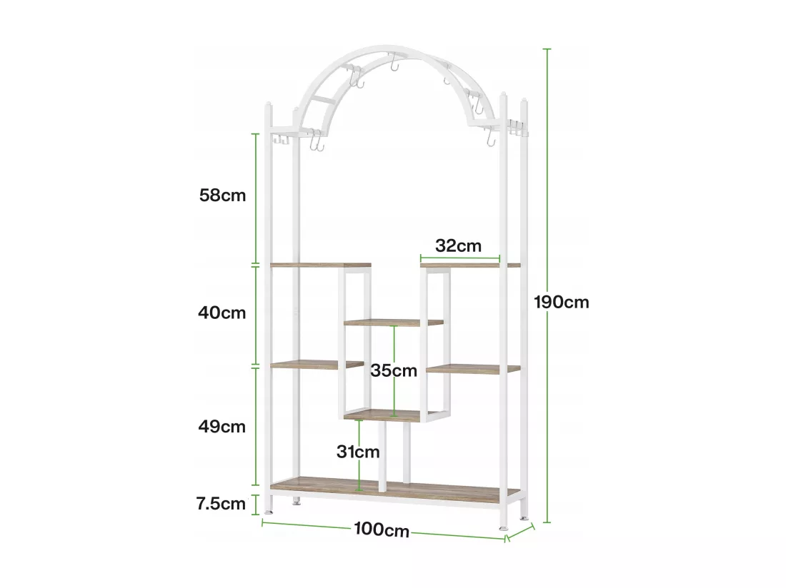 Support pour plantes d'intérieur à 5 niveaux - Étagère arquée en métal avec crochets de suspension, Blanc et gris