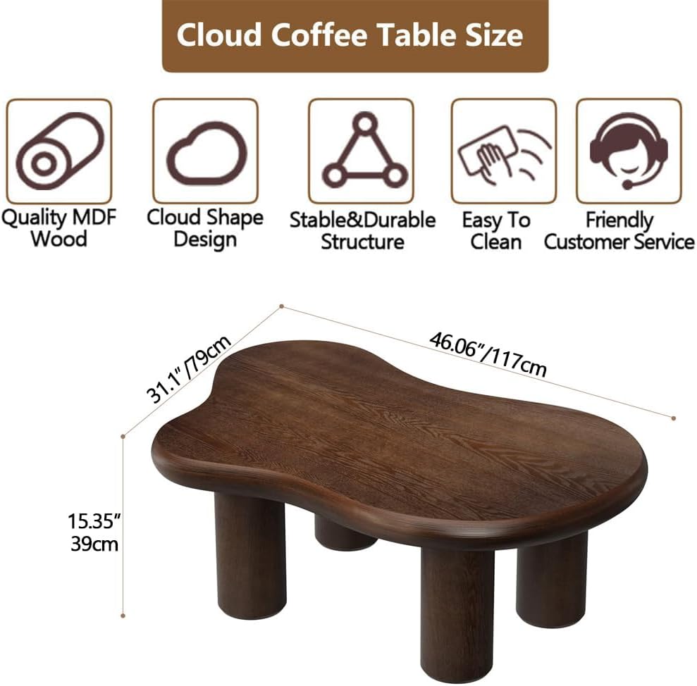 Cloud Couchtisch, modern, niedlich, unregelmäßig, einfacher Tee-/Mitteltisch für kleinen Raum, Beistelltisch für Wohnzimmer, Heimbüro, drinnen (Braun 116,8 x 78,7 x 38,9 cm (B x T x H)