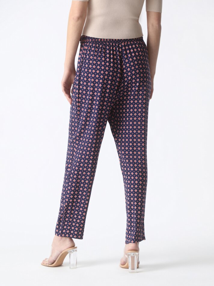 Calças fluidas com gravata estampada - Azul Marinho Escuro