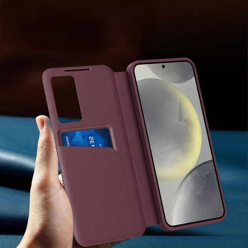 Samsung Galaxy S25 Ultra Leder Hülle Small Window View Flip Case Litchi Look- Dunkelrot
