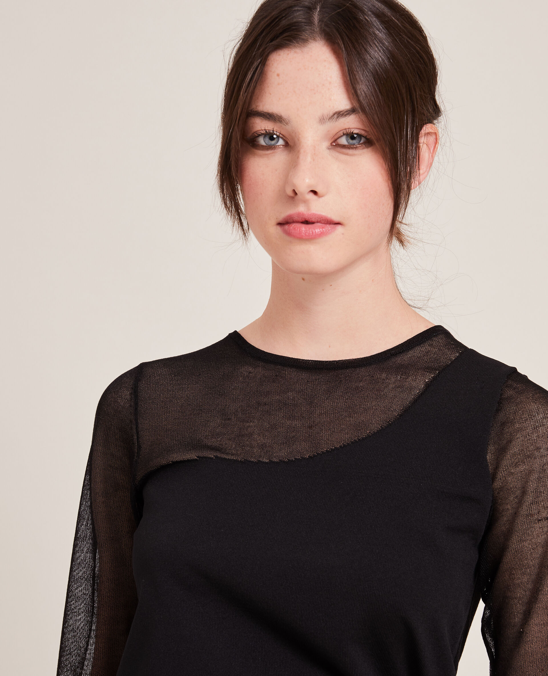 Top bi-matière effet one shoulder - Noir